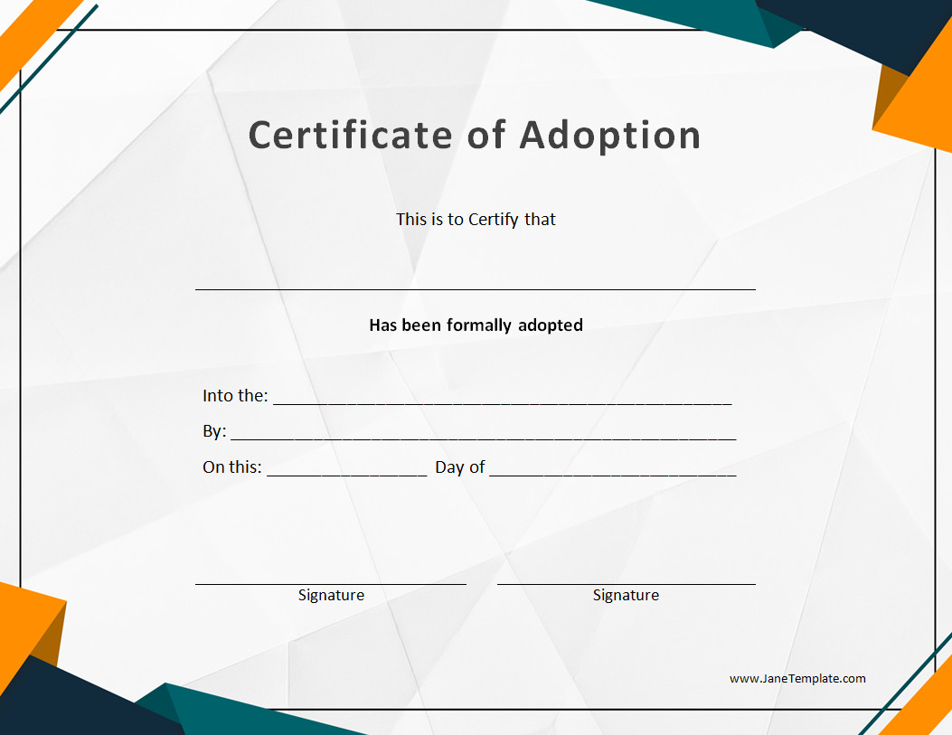 Printable Adoption Certificate Template featuring a formal design and customizable fields