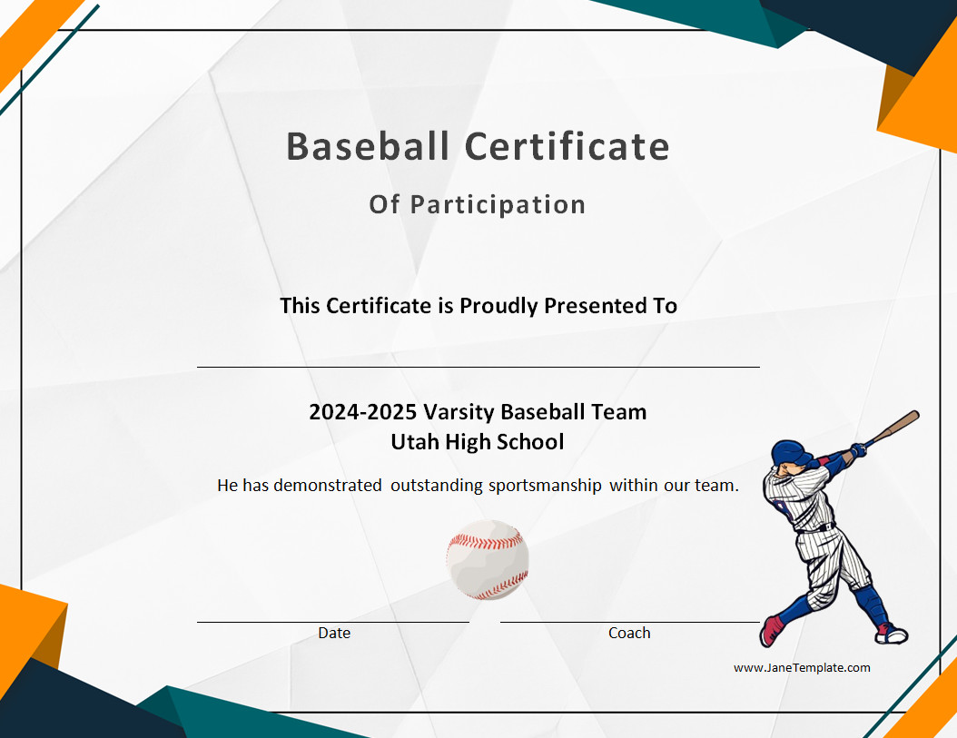 Baseball Award Certificate Template Modern baseball award certificate template with sections for team name, award type, and coach's signature