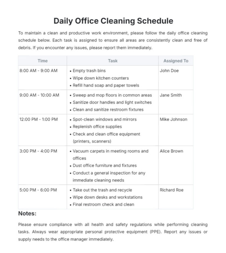 Office Cleaning Schedule Template