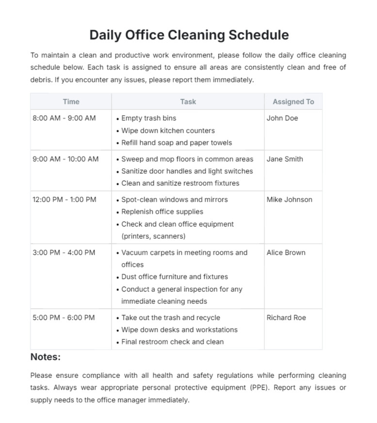 Blank Office Cleaning Schedule Template