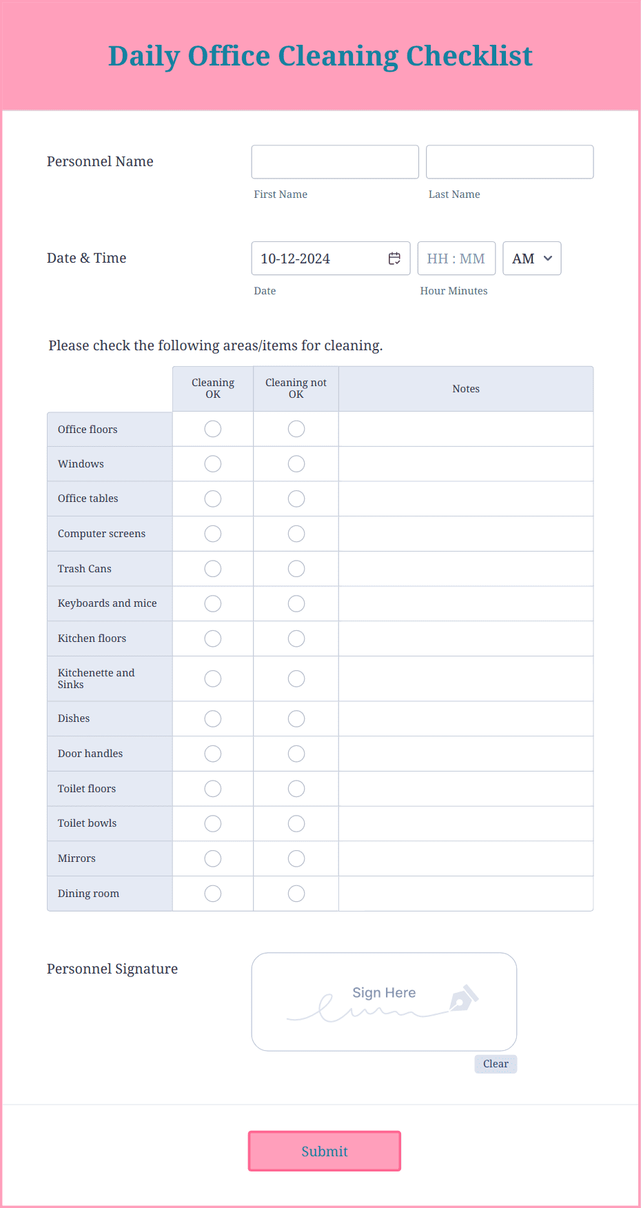 Blank Office Cleaning Schedule Template