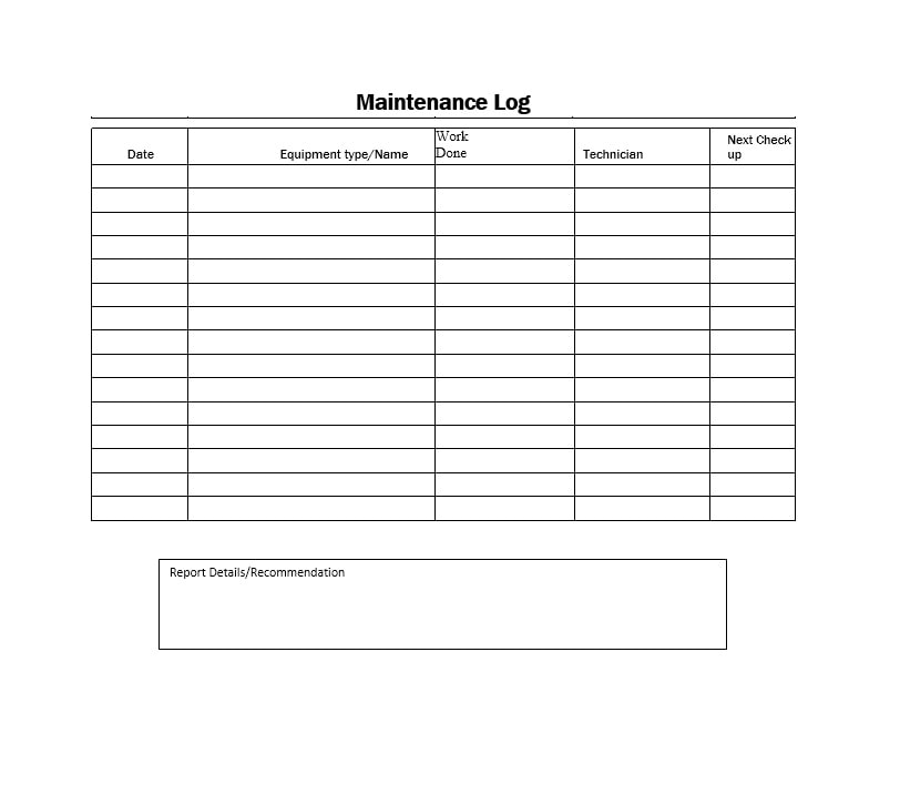 Blank Office Maintenance Log Template