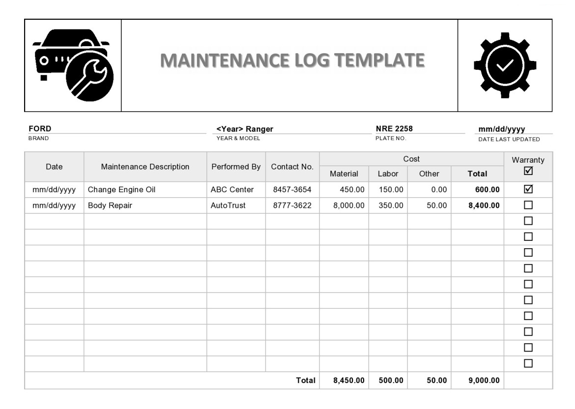 Blank Office Maintenance Log Template
