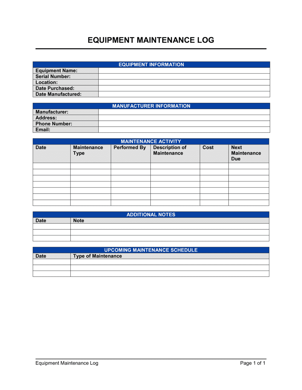 Blank Office Maintenance Log Template