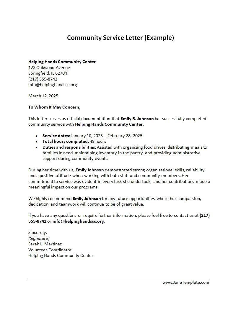 Community Service Letter Template Word