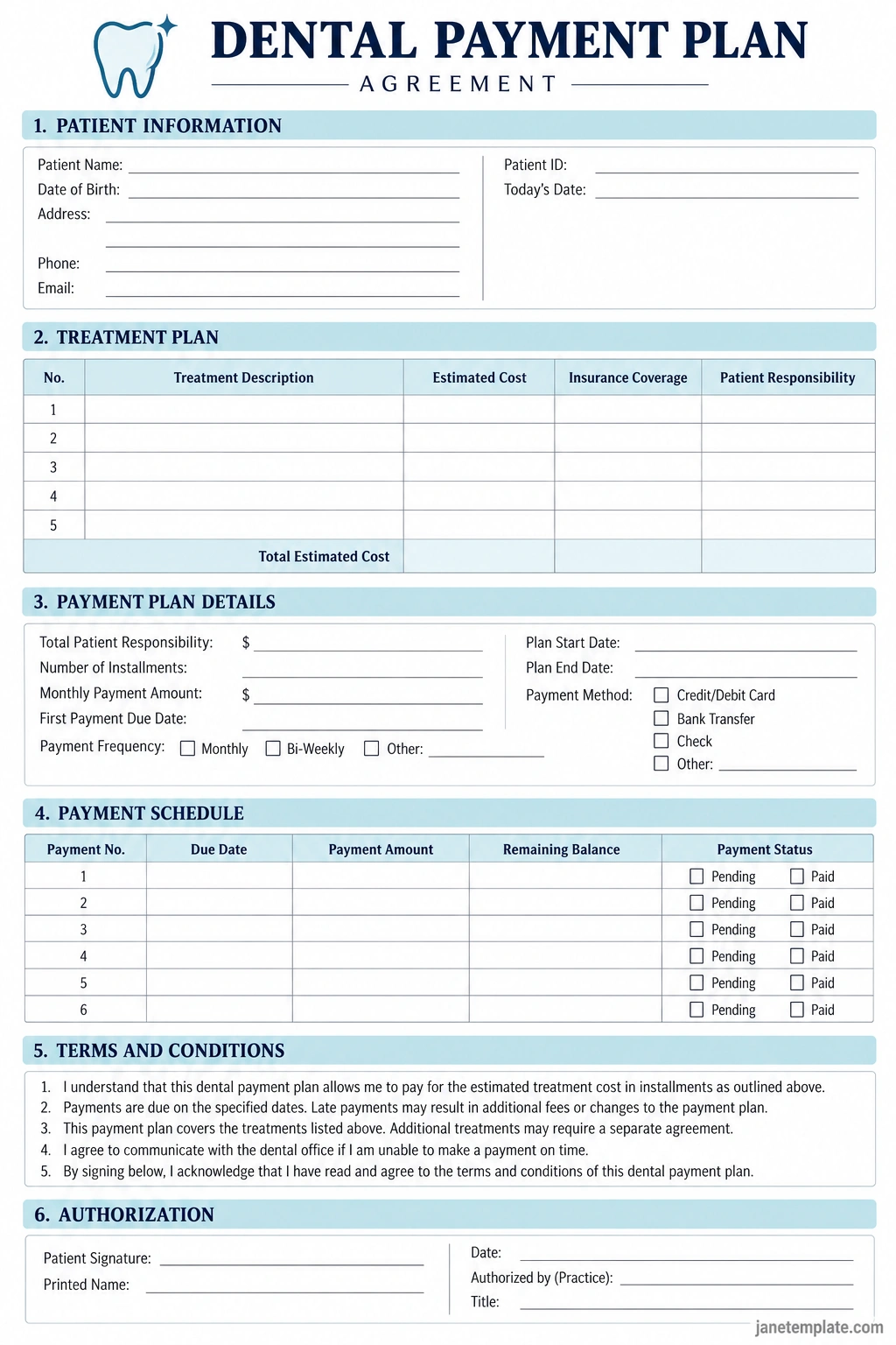 Dental Payment Plan Printable dental payment plan template with patient information, treatment costs, insurance coverage, installment schedule, payment terms, and signature fields