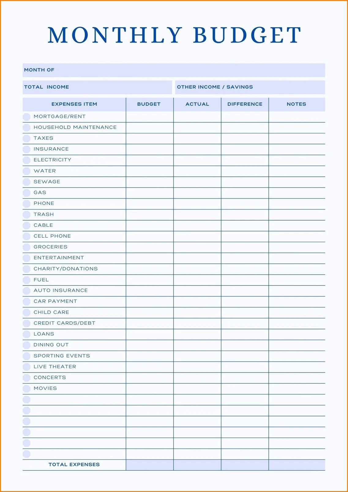 Example of Family Monthly Budget Template