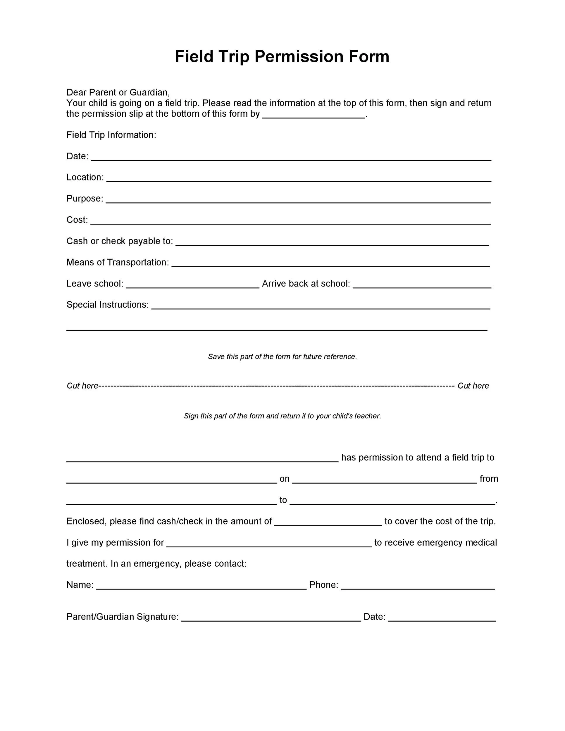 Example of Field Trip Permission Slip Template
