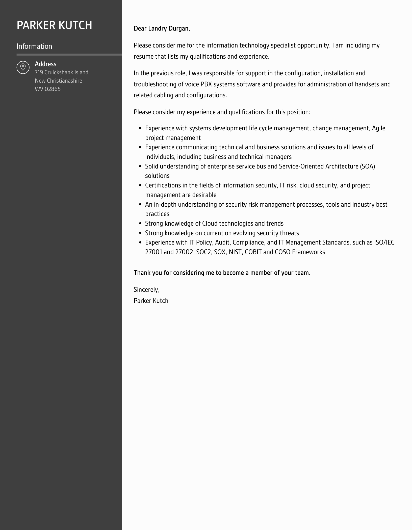 Example of Information Technology Manager Cover Letter Template