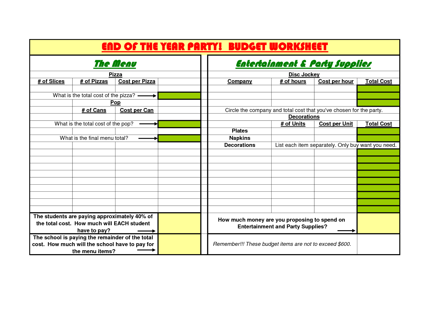 Example of One Day Party Budget Worksheet Template Example of One Day Party Budget Worksheet Template
