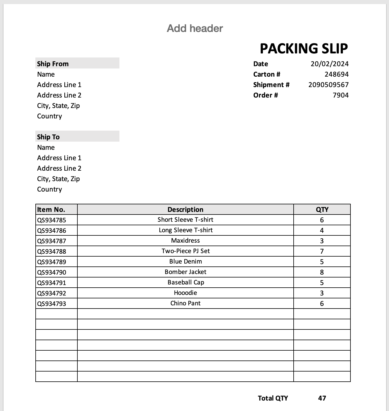 Example of Packing Slip Template Example of Packing Slip Template