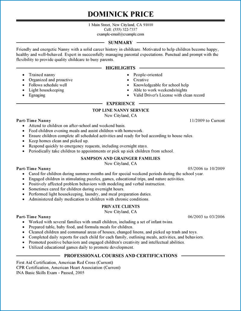 Example of Part Time Job Resume Template