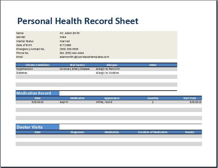 Example of Personal Medical Health Record Sheet Template Example of Personal Medical Health Record Sheet Template