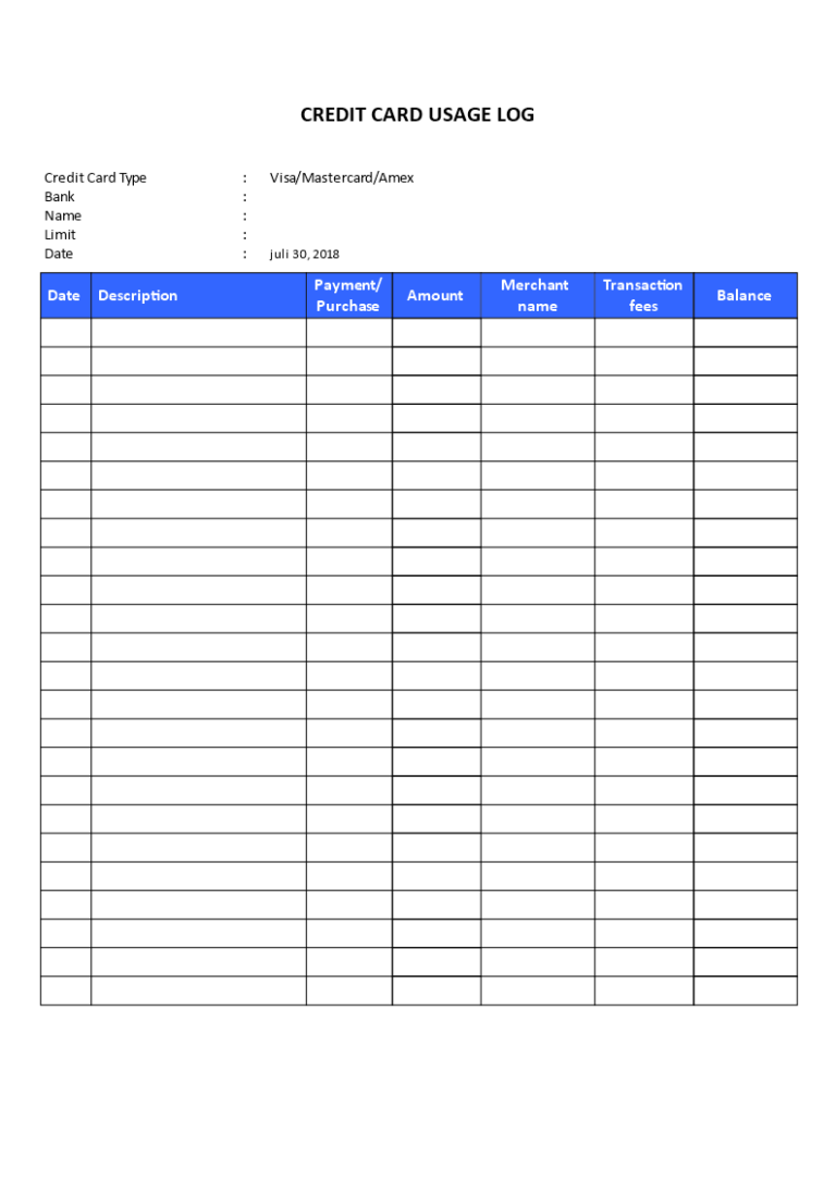 Printable Credit Card Use Log Template