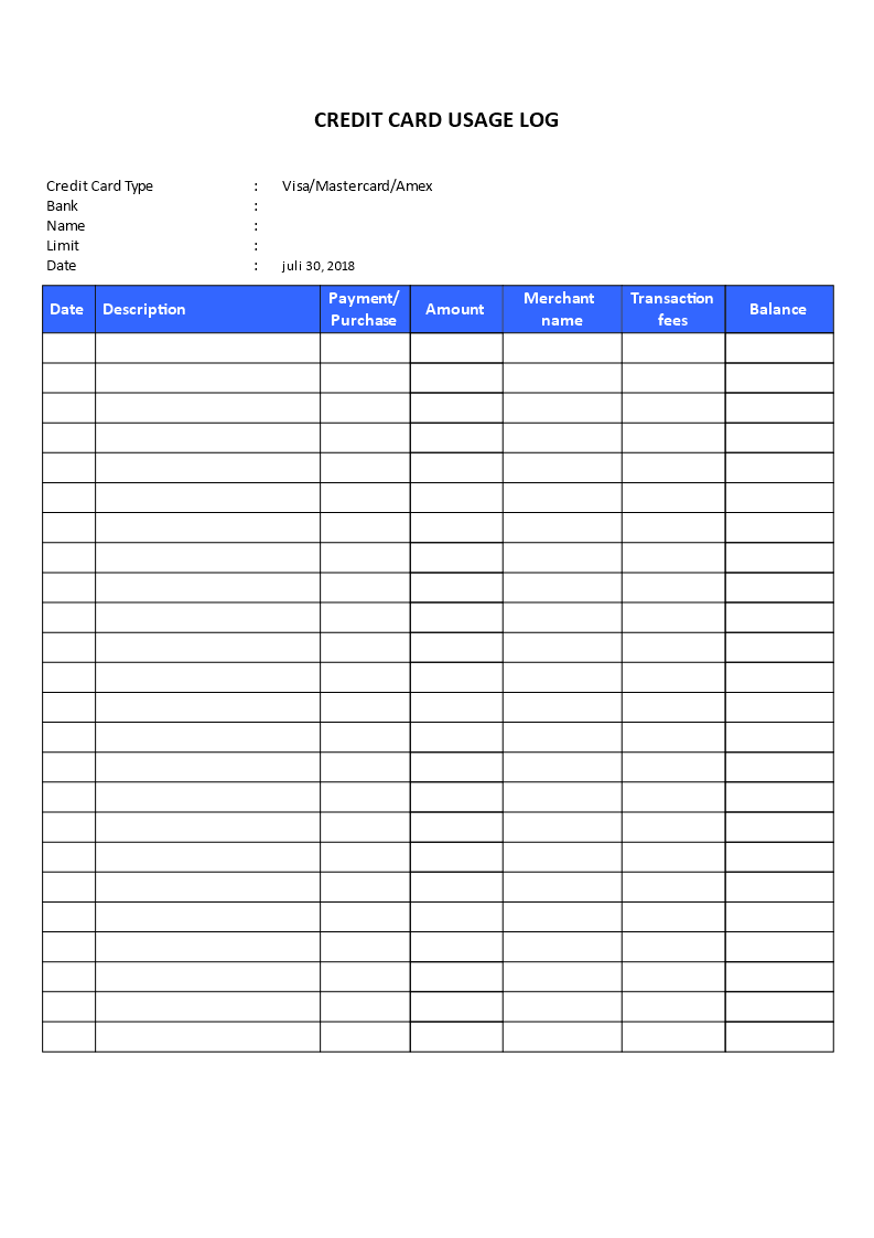 Example of Printable Credit Card Use Log Template Example of Printable Credit Card Use Log Template