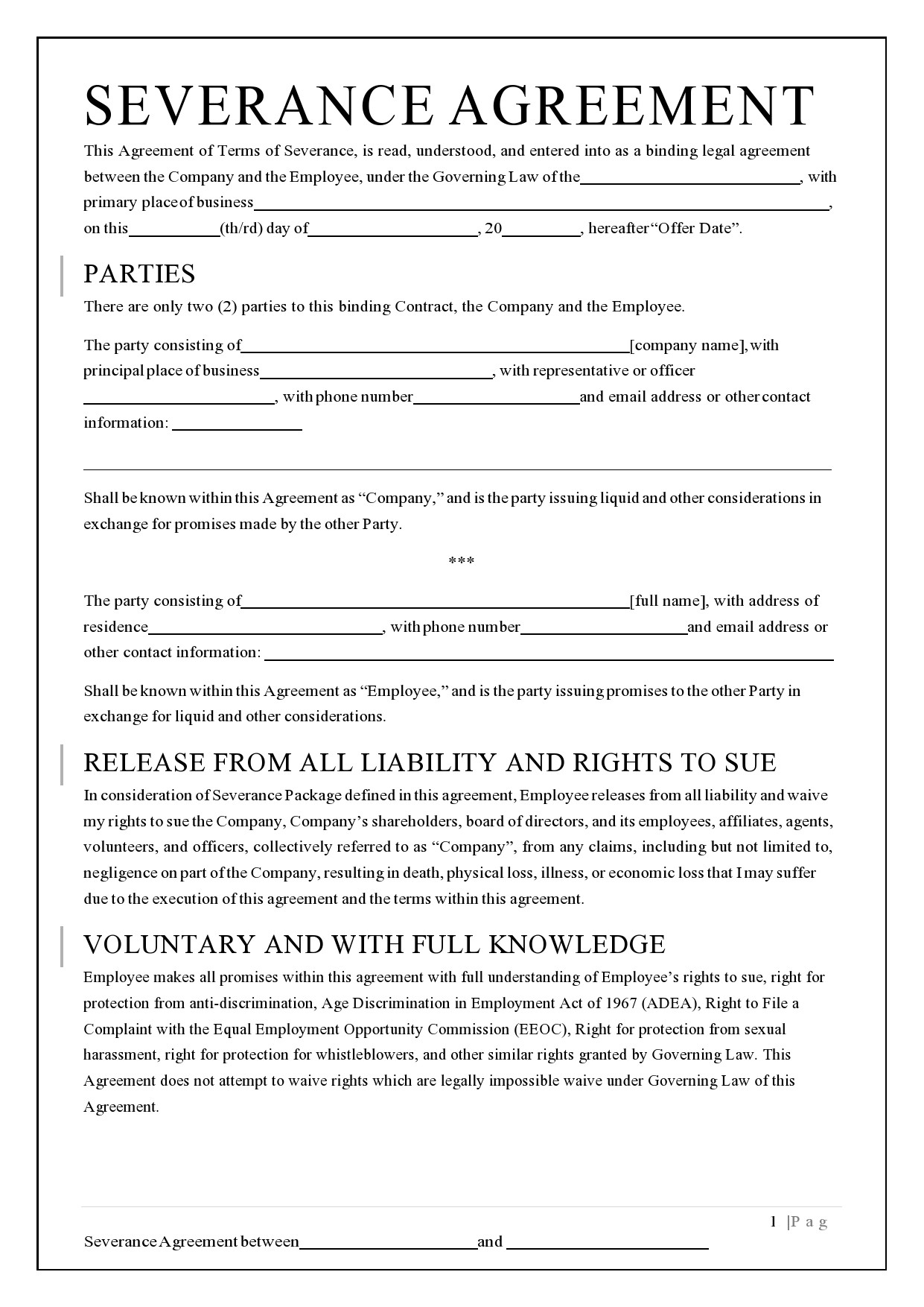 Example of Printable Severance Agreement Template Example of Printable Severance Agreement Template