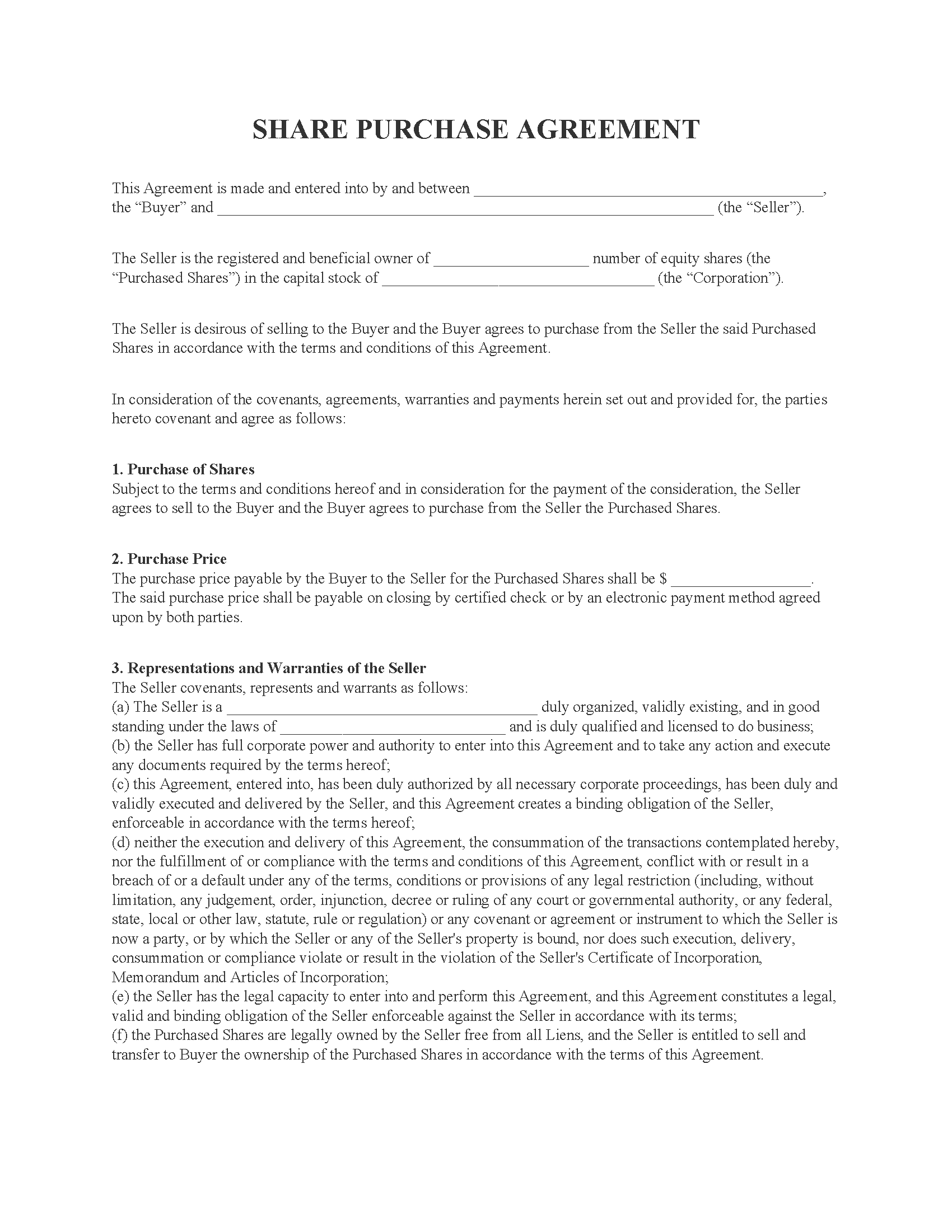 Example of Printable Share Purchase Agreement Template Example of Printable Share Purchase Agreement Template