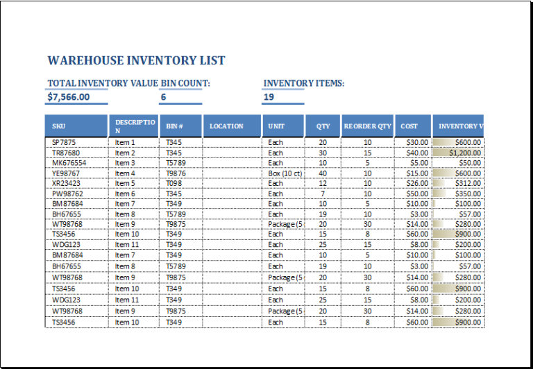 Example of Printable Warehouse Inventory List Template Example of Printable Warehouse Inventory List Template