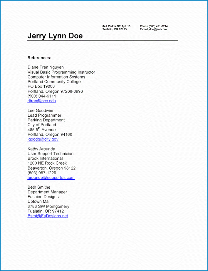 Example of Reference Page For Resume Template
