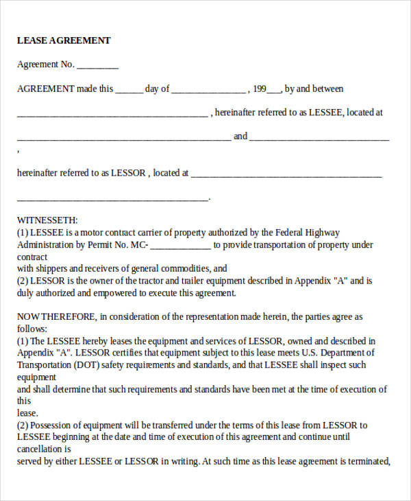 Example of Truck Lease Agreement Template