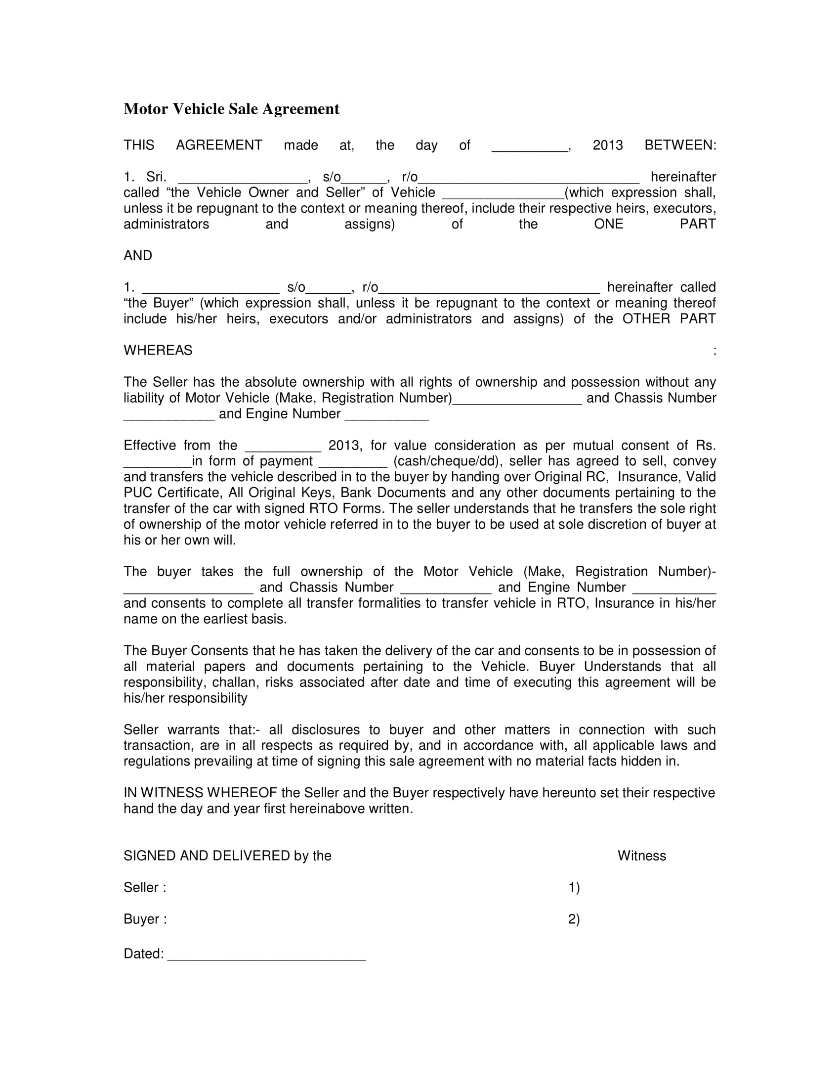 Example of Vehicle Sales Agreement Template Example of Vehicle Sales Agreement Template