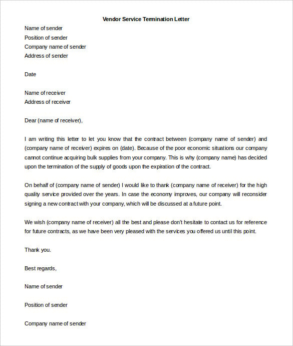 Example of Vendor Termination Letter Template Example of Vendor Termination Letter Template