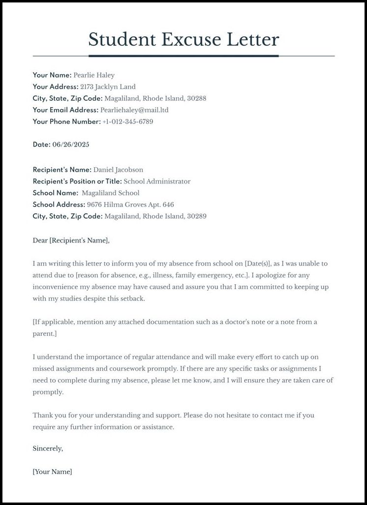 Excuse Letter Template Sample Excuse Letter Template Sample