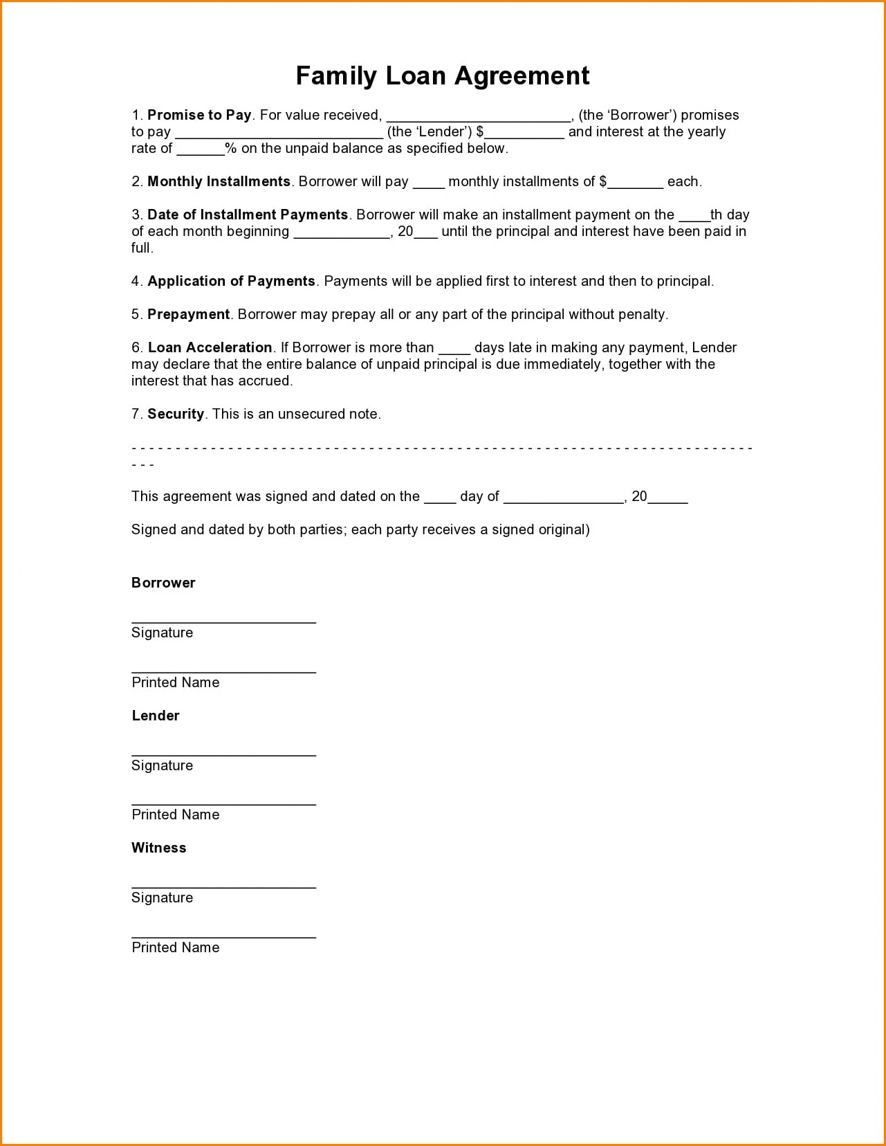Family Loan Agreement Template Example
