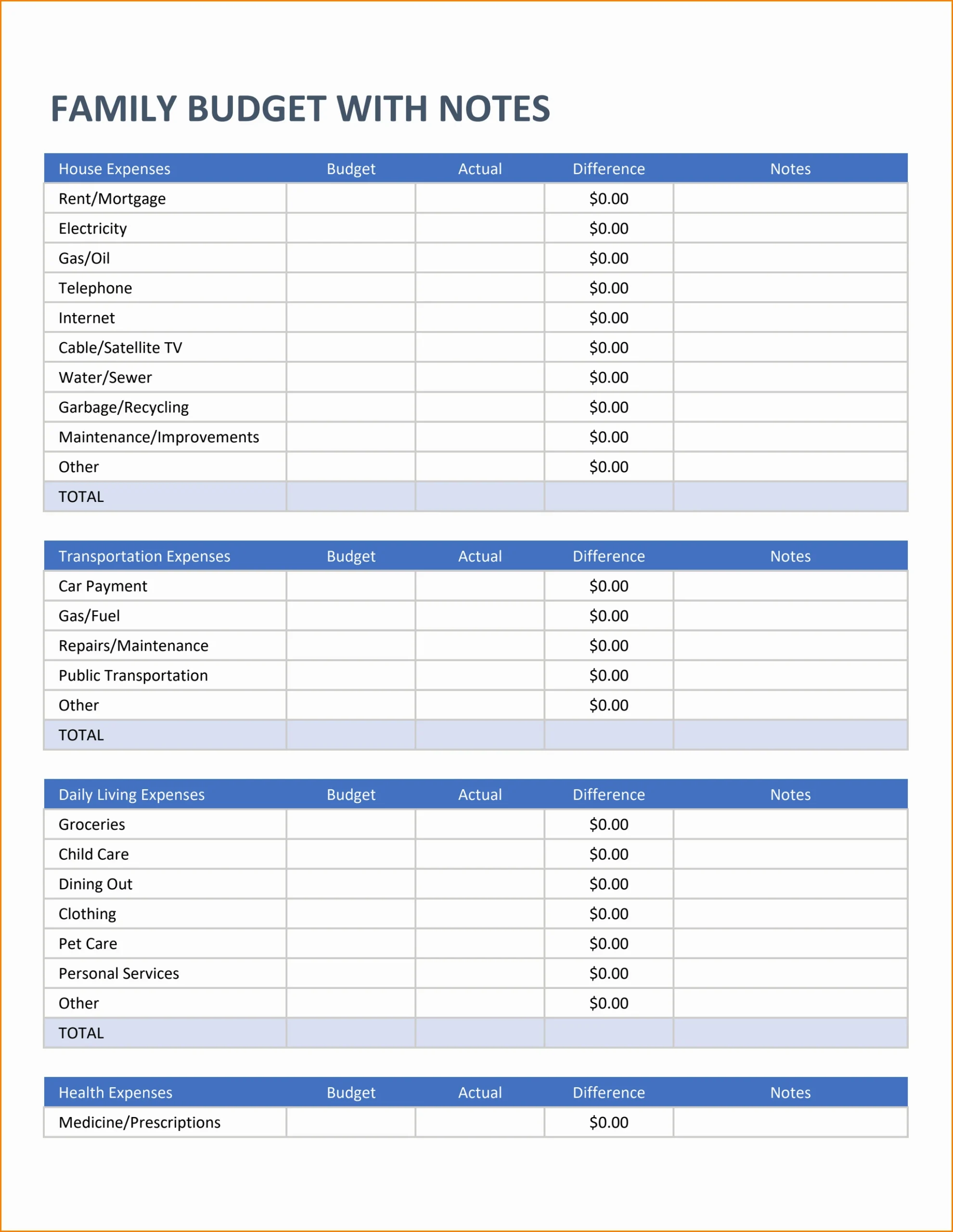 Family Monthly Budget Template Sample