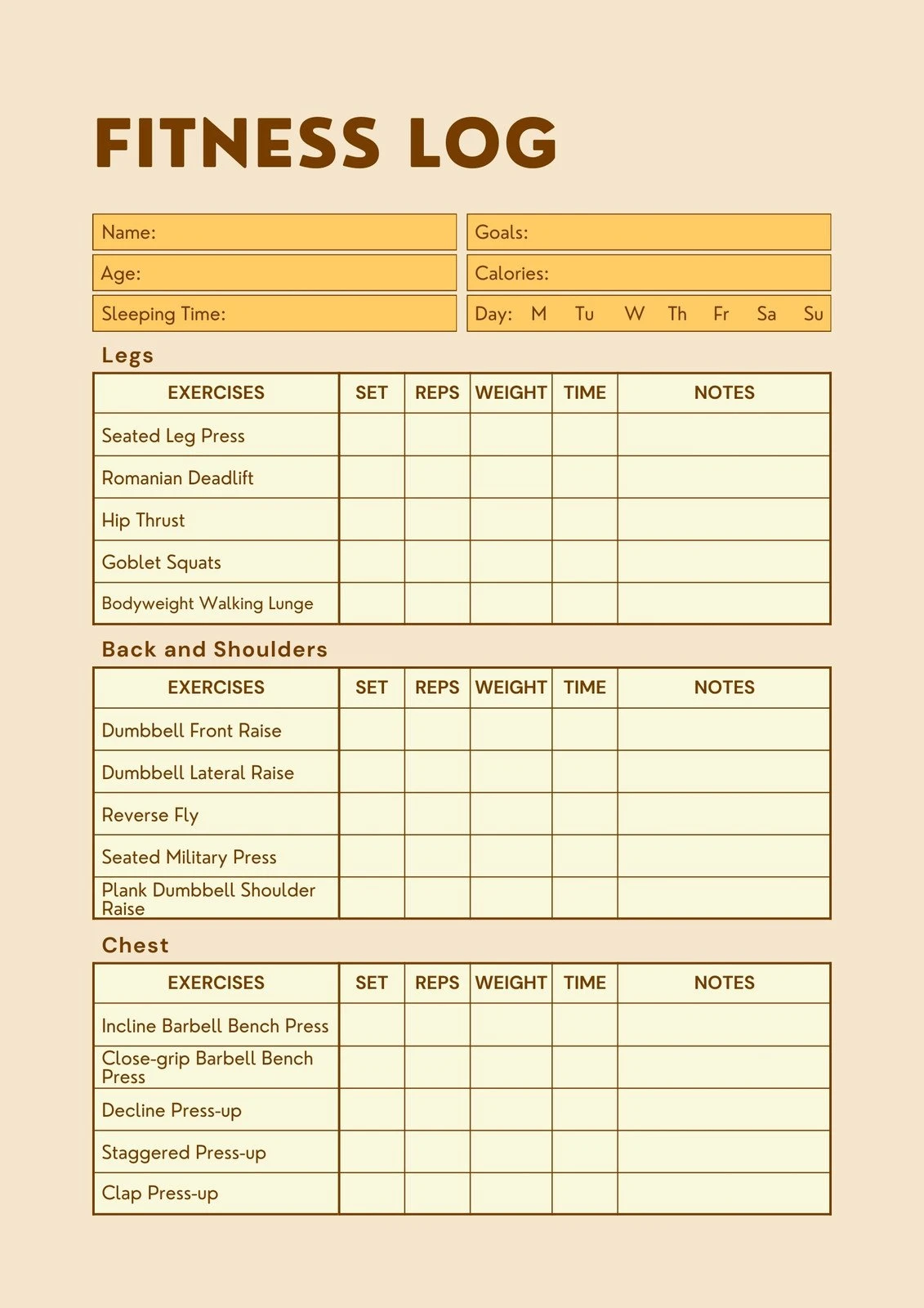 Simple Blank Fitness Log Template PDF