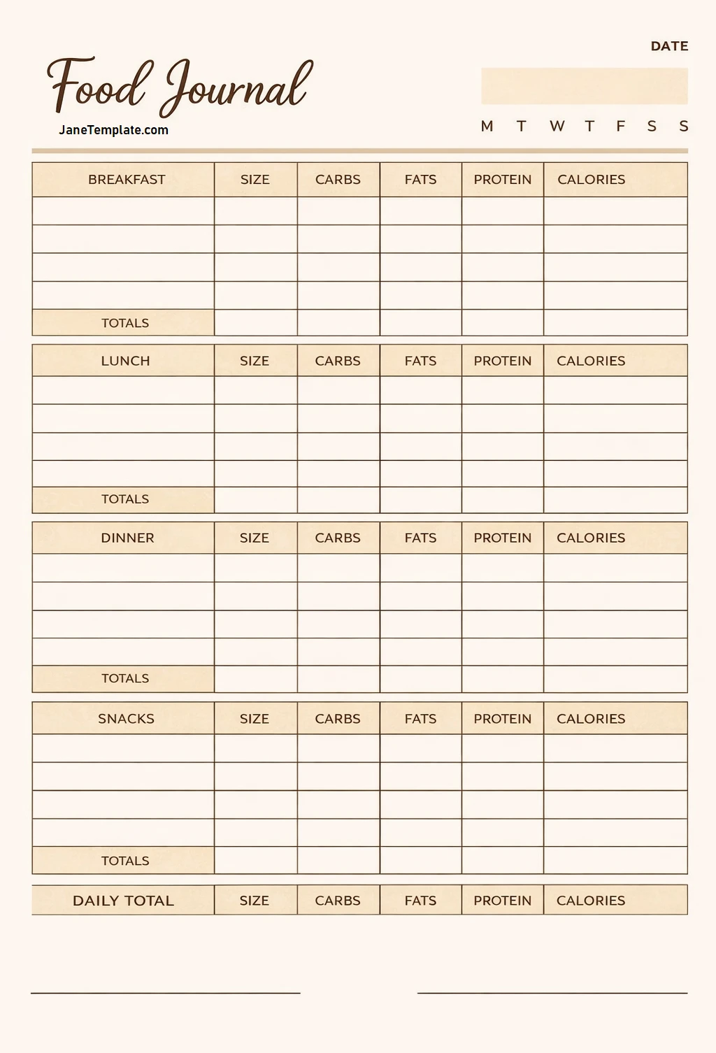 Simple Blank Food Journal Template Word PDF