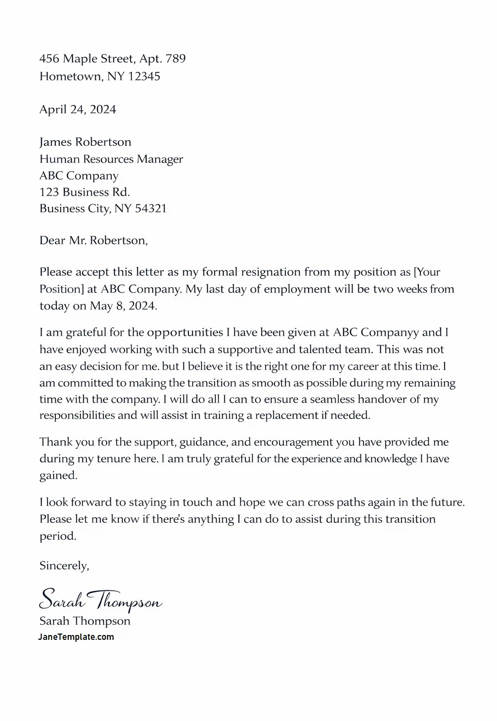 Formal Letter of Resignation Template Word