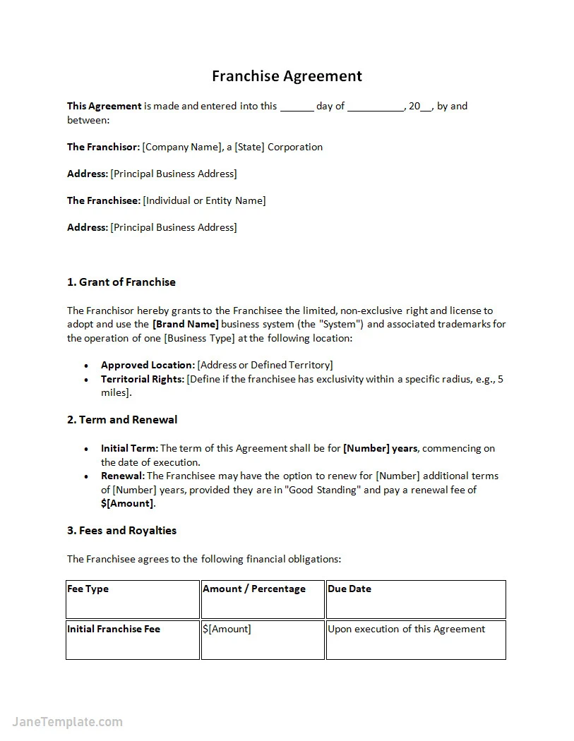 Franchise Agreement Template Word