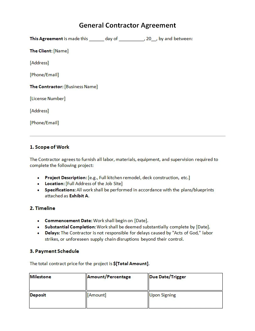 General Contractor Agreement Template Word