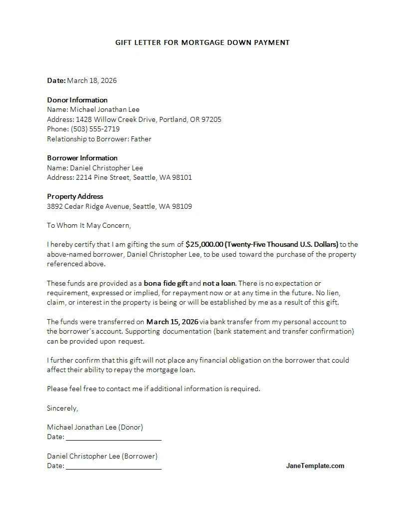 Gift Letter Template for Mortgage