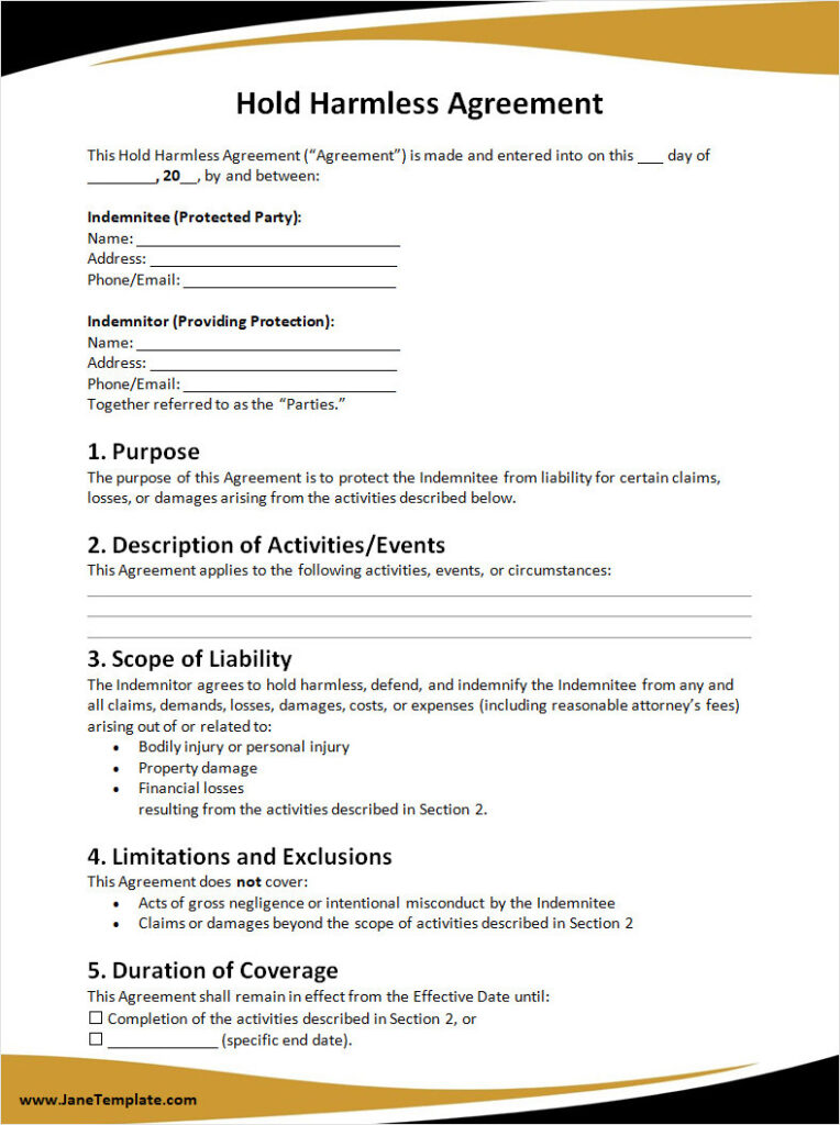 Free Hold Harmless Agreement Template