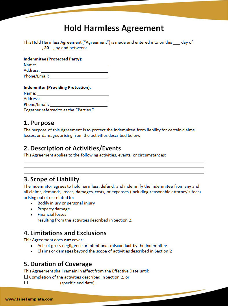 Hold Harmless Agreement Template Word