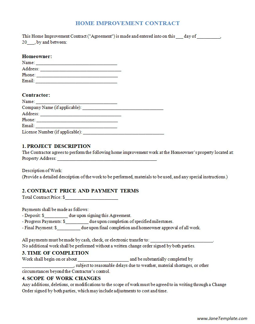 Home Improvement Contract Template Word
