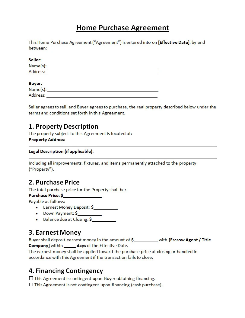 Home Purchase Agreement Template Word