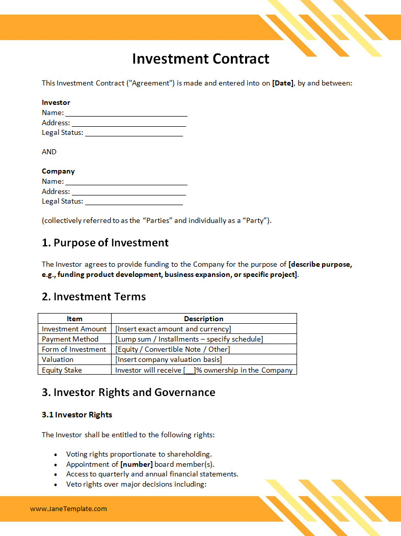 Investment Contract Template Investment Contract Template