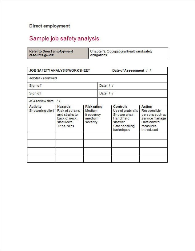 Job Safety Analysis Template For Employee Job Safety Analysis Template For Employee