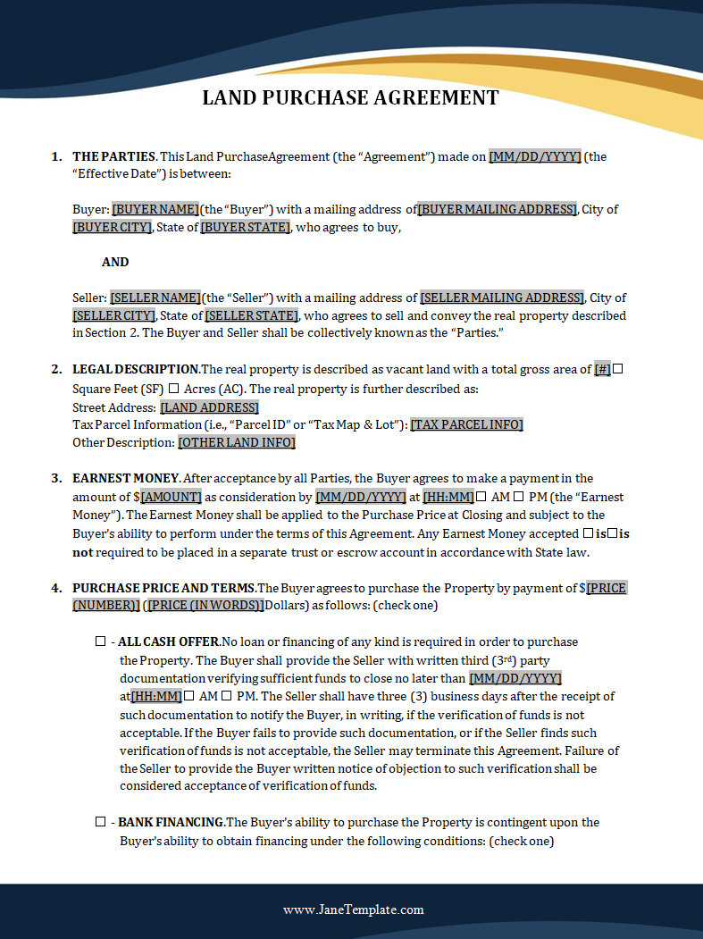 Land Purchase Agreement Template Land Purchase Agreement Template