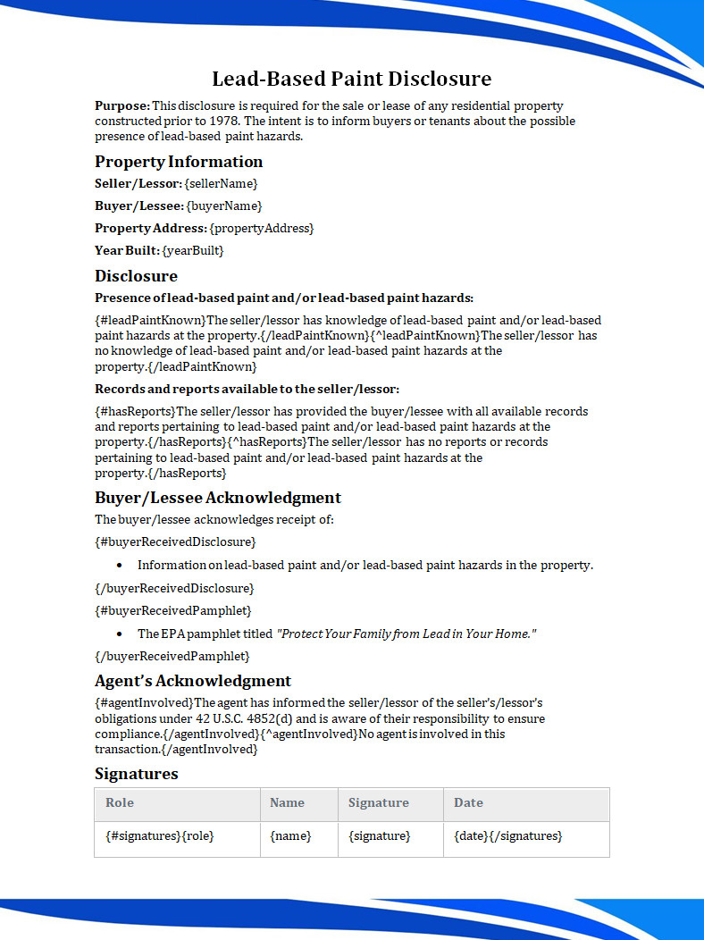 Lead Based Paint Disclosure Form Lead Based Paint Disclosure Form Template Word