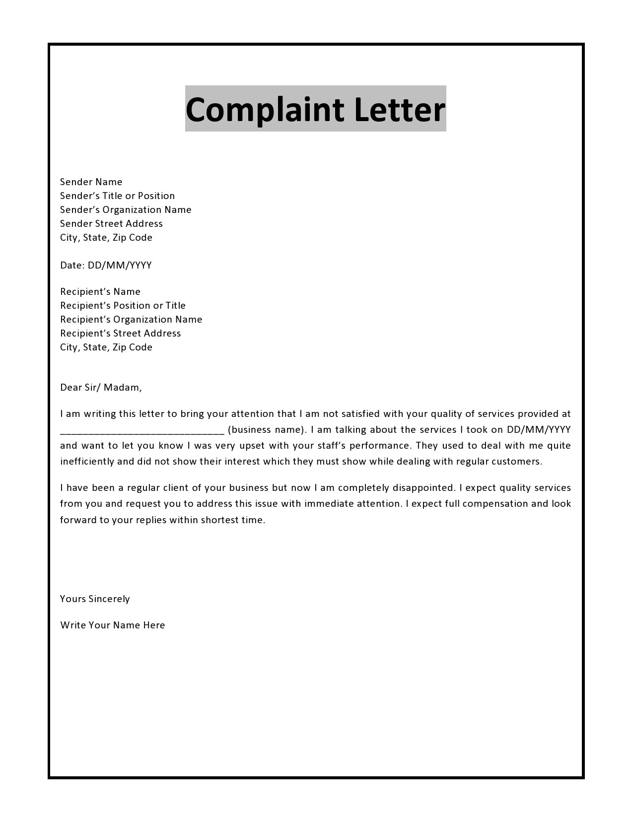 Letter of Complaint Example Letter of Complaint Example