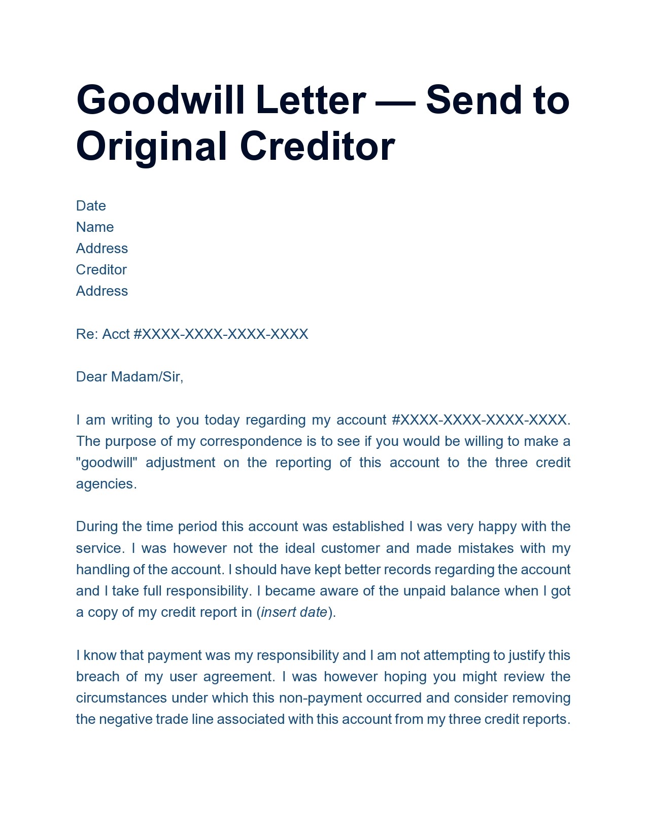 Letter of Goodwill Example Letter of Goodwill Example