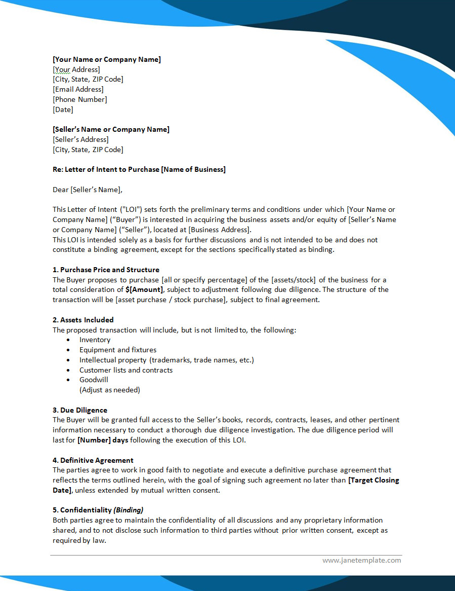 Letter of Intent Template to Purchase a Business (Word)