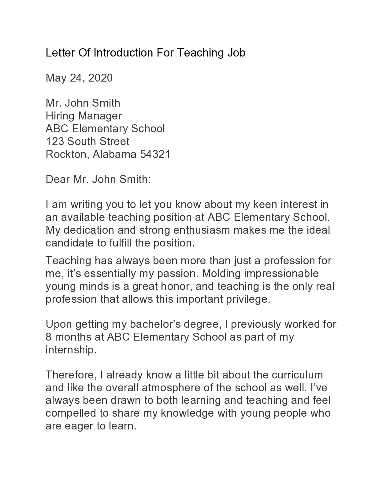 Letter of Introduction for Teacher Example Letter of Introduction for Teacher Example