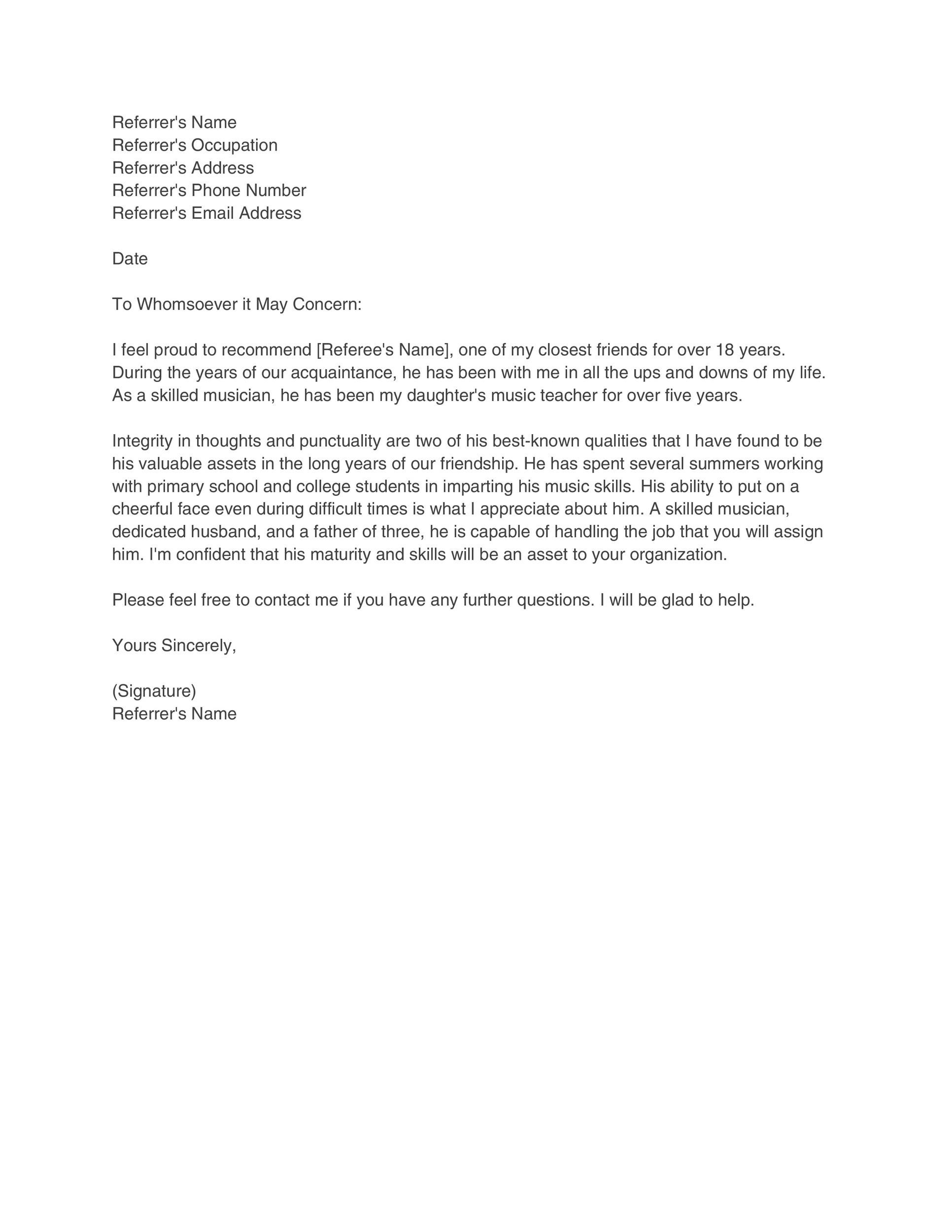 Letter of Recommendation for a Friend Template Letter of Recommendation for a Friend Template