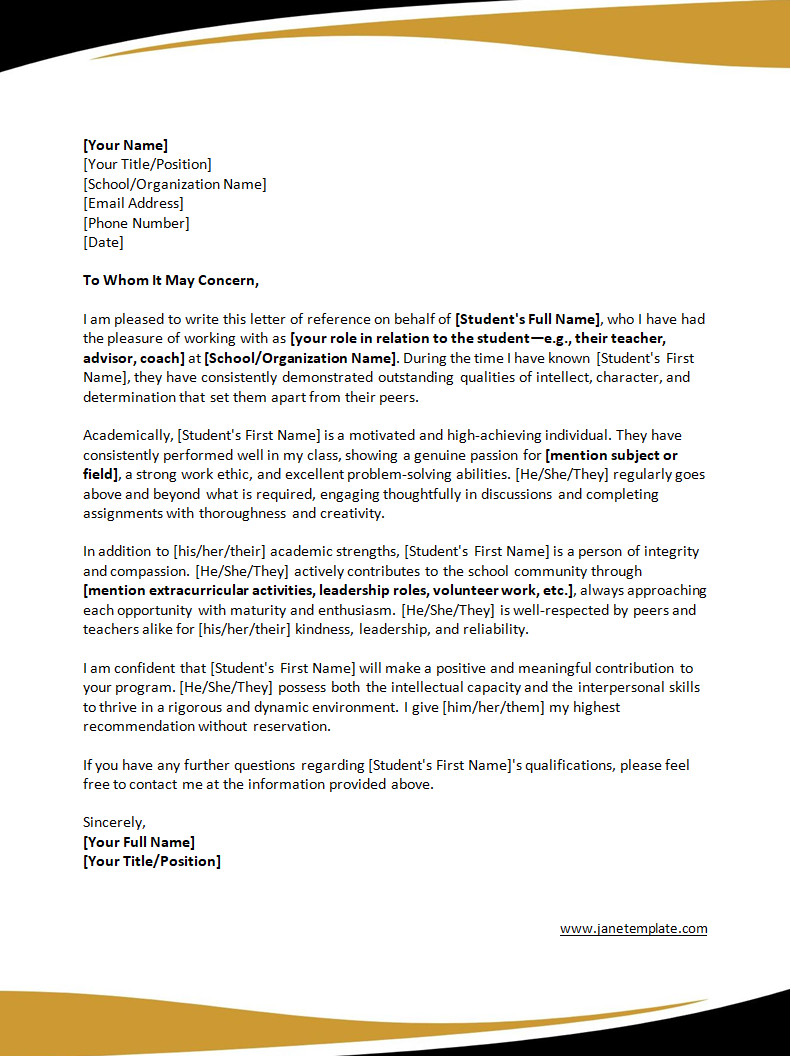 Free Letter of Reference Template for a Student