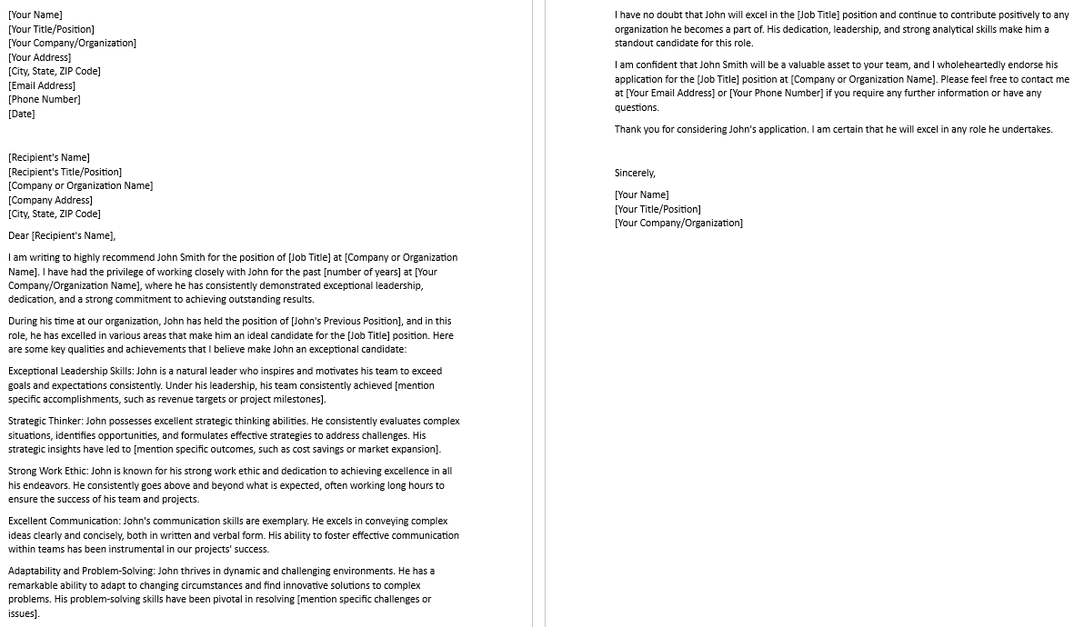 Manager Letter of Recommendation Template